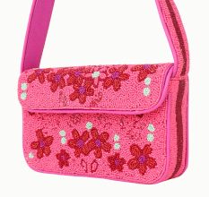 Luxury Handmade Beaded Shoulder Bag – Hot Pink with Red Floral Design