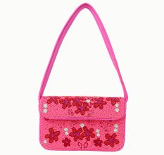 Luxury Handmade Beaded Shoulder Bag – Hot Pink with Red Floral Design