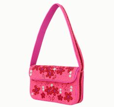 Luxury Handmade Beaded Shoulder Bag – Hot Pink with Red Floral Design
