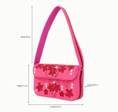 Luxury Handmade Beaded Shoulder Bag – Hot Pink with Red Floral Design