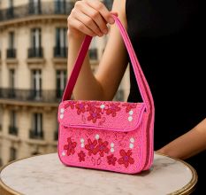Luxury Handmade Beaded Shoulder Bag – Hot Pink with Red Floral Design