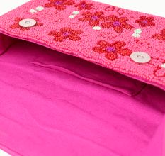 Luxury Handmade Beaded Shoulder Bag – Hot Pink with Red Floral Design