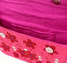 Luxury Handmade Beaded Shoulder Bag – Hot Pink with Red Floral Design
