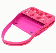 Luxury Handmade Beaded Shoulder Bag – Hot Pink with Red Floral Design