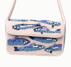 Handmade Beaded Shoulder Bag – White & Blue Fish Pattern with Embroidery Detailing