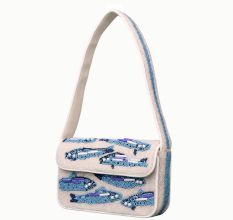 Handmade Beaded Shoulder Bag – White & Blue Fish Pattern with Embroidery Detailing