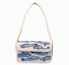 Handmade Beaded Shoulder Bag – White & Blue Fish Pattern with Embroidery Detailing