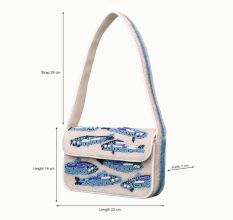 Handmade Beaded Shoulder Bag – White & Blue Fish Pattern with Embroidery Detailing