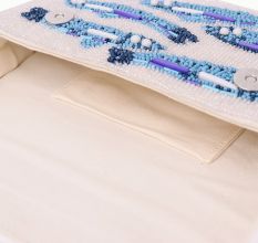 Handmade Beaded Shoulder Bag – White & Blue Fish Pattern with Embroidery Detailing