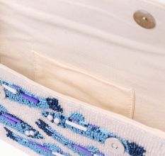 Handmade Beaded Shoulder Bag – White & Blue Fish Pattern with Embroidery Detailing