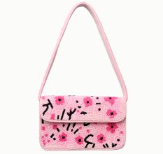 Handmade Pink Beaded Shoulder Bag with Floral Embroidery – Stylish Women’s Purse