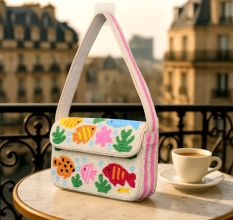 Handmade Beaded Shoulder Bag with Colorful Fish & Coral Reef Design – Summer Beach Style