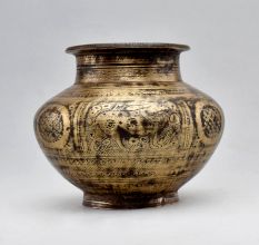 Vintage Brass Holy Water Pot with Intricate Elephant, Deer and Lion Carvings