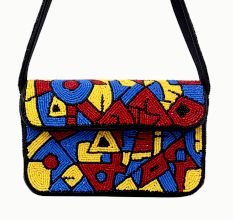 Handmade Beaded Shoulder Bag – Multicolor Geometric Pattern | Black Strap Women’s Handbag