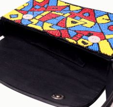 Handmade Beaded Shoulder Bag – Multicolor Geometric Pattern | Black Strap Women’s Handbag