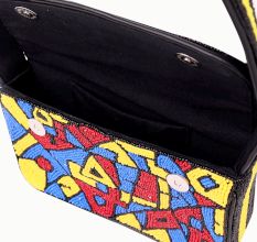 Handmade Beaded Shoulder Bag – Multicolor Geometric Pattern | Black Strap Women’s Handbag