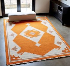 Hand Knotted Orange And Ivory Rug