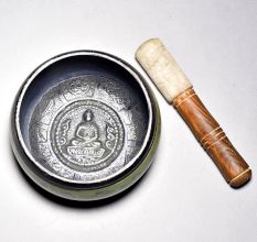 Buddha Carved Tibetan Singing Om Bowl with Wooden Striker