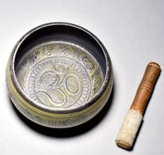Om Carved Tibetan Singing Om Bowl with Wooden Striker