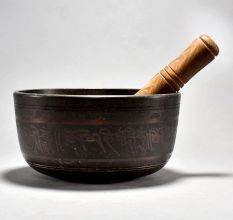 Ganesha Carved Tibetan Singing Om Bowl with Wooden Striker