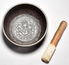 Ganesha Carved Tibetan Singing Om Bowl with Wooden Striker