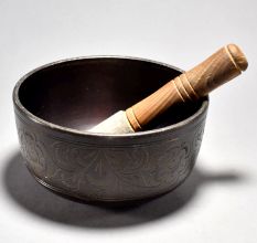 Buddha Floral Carved Tibetan Singing Om Bowl with Wooden Striker