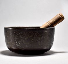 Buddha Floral Carved Tibetan Singing Om Bowl with Wooden Striker