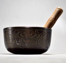 Buddha Floral Carved Tibetan Singing Om Bowl with Wooden Striker