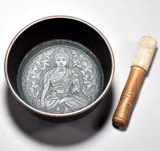 Buddha Carved Tibetan Singing Om Bowl with Wooden Striker