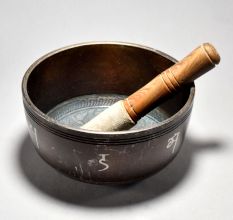 Buddha Carved Tibetan Singing Bowl with Wooden Striker