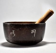 Buddha Carved Tibetan Singing Bowl with Wooden Striker