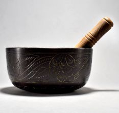 Om Carved Tibetan Singing Om Bowl with Wooden Striker
