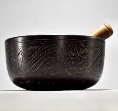 Om Carved Tibetan Singing Om Bowl with Wooden Striker