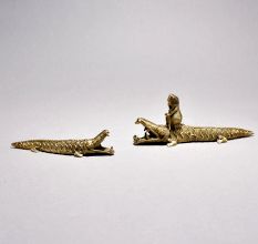 Tribal Art Crocodile Pair with Monkey Figurine