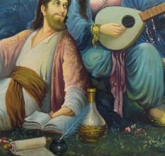 Vintage Hardboard Painting of Persian Poet Umar Khayyam with Original Frame
