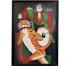 Modern Indian Art Canvas Painting of Tiger and Musician