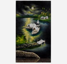 Vintage Velvet Painting on Hardboard Moonlit River Scene with Boats