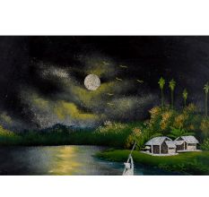 Vintage Velvet Painting on Hardboard Moonlit River Scene with Boats