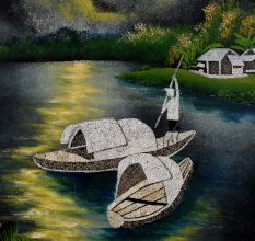 Vintage Velvet Painting on Hardboard Moonlit River Scene with Boats