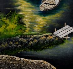 Vintage Velvet Painting on Hardboard Moonlit River Scene with Boats