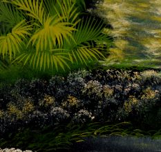Vintage Velvet Painting on Hardboard Moonlit River Scene with Boats