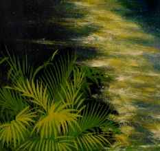 Vintage Velvet Painting on Hardboard Moonlit River Scene with Boats