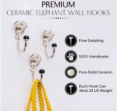 Handmade Ceramic Zinc Cream Black Elephant Wall Hooks- 3 Pieces