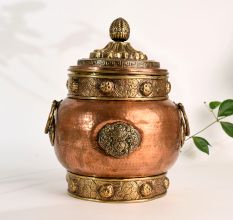 Handcrafted Copper and Brass Storage Jar with Ornate Lid