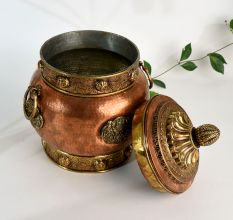 Handcrafted Copper and Brass Storage Jar with Ornate Lid