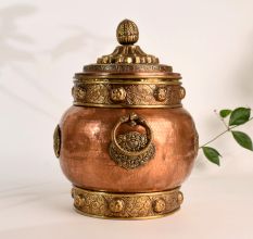 Handcrafted Copper and Brass Storage Jar with Ornate Lid