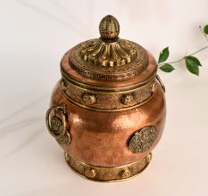 Handcrafted Copper and Brass Storage Jar with Ornate Lid
