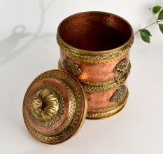 Handmade Copper and Brass Storage Jar with Ornate Lid For Decor