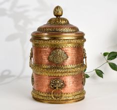 Handmade Copper and Brass Storage Jar with Ornate Lid For Decor
