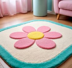 Handtufted Pink Blossom Border Rug